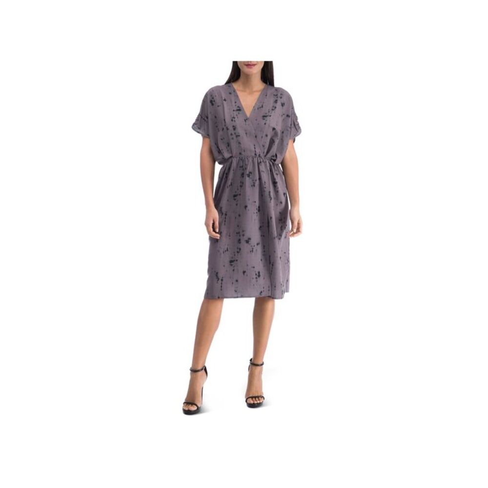 COLLECTION BY BOBEAU Womens Gray Short Sleeve Below The Knee Faux Wrap Dress S